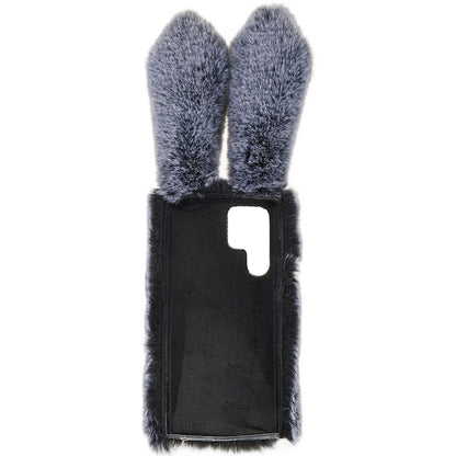 For Samsung Galaxy S22 Ultra 5G Cute 3D Bunny Ears Furry Winter Warm Case Soft TPU Protective Phone Cover with Glitter Rhinestone Bowknot