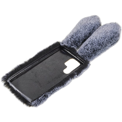 For Samsung Galaxy S22 Ultra 5G Cute 3D Bunny Ears Furry Winter Warm Case Soft TPU Protective Phone Cover with Glitter Rhinestone Bowknot