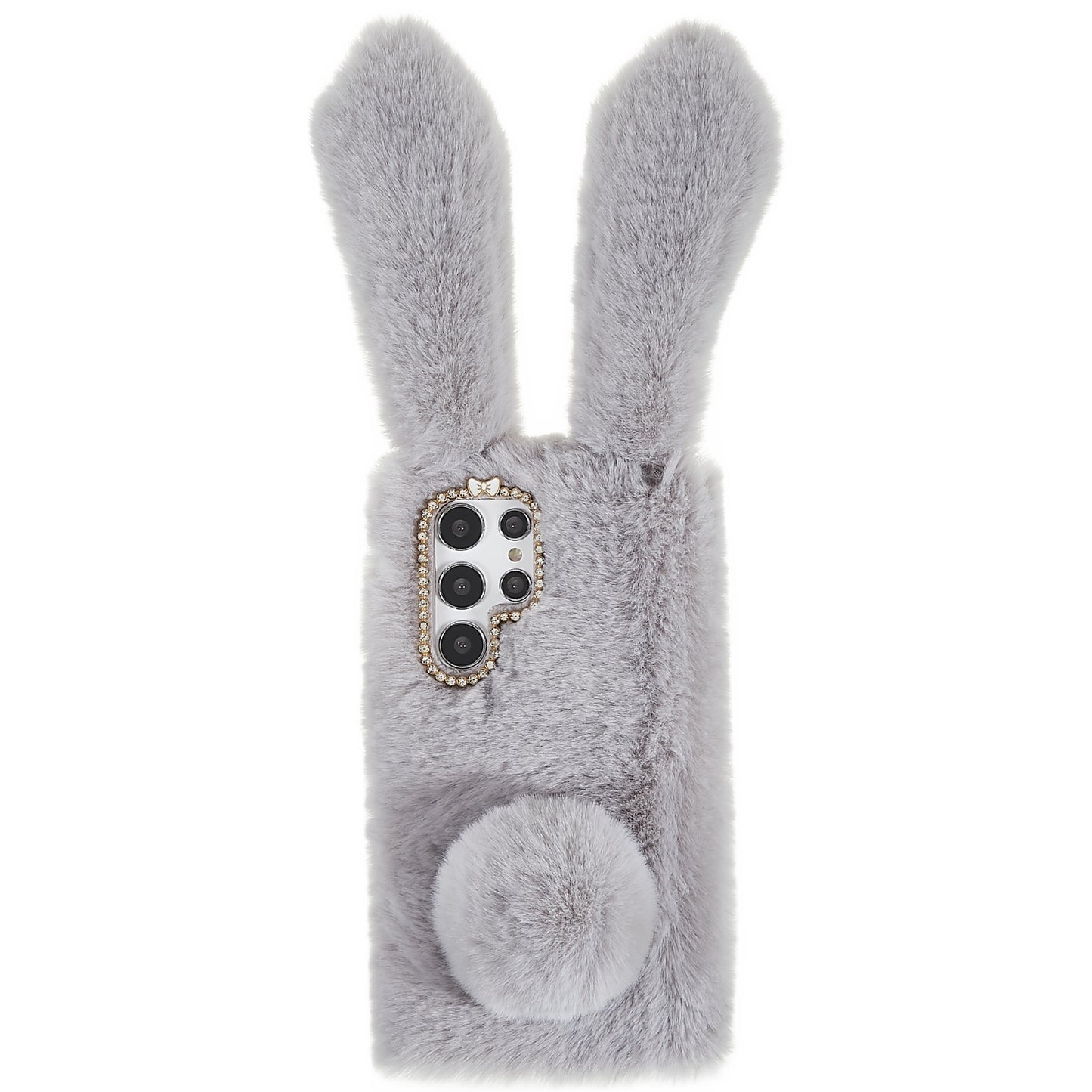 For Samsung Galaxy S22 Ultra 5G Cute 3D Bunny Ears Furry Winter Warm Case Soft TPU Protective Phone Cover with Glitter Rhinestone Bowknot