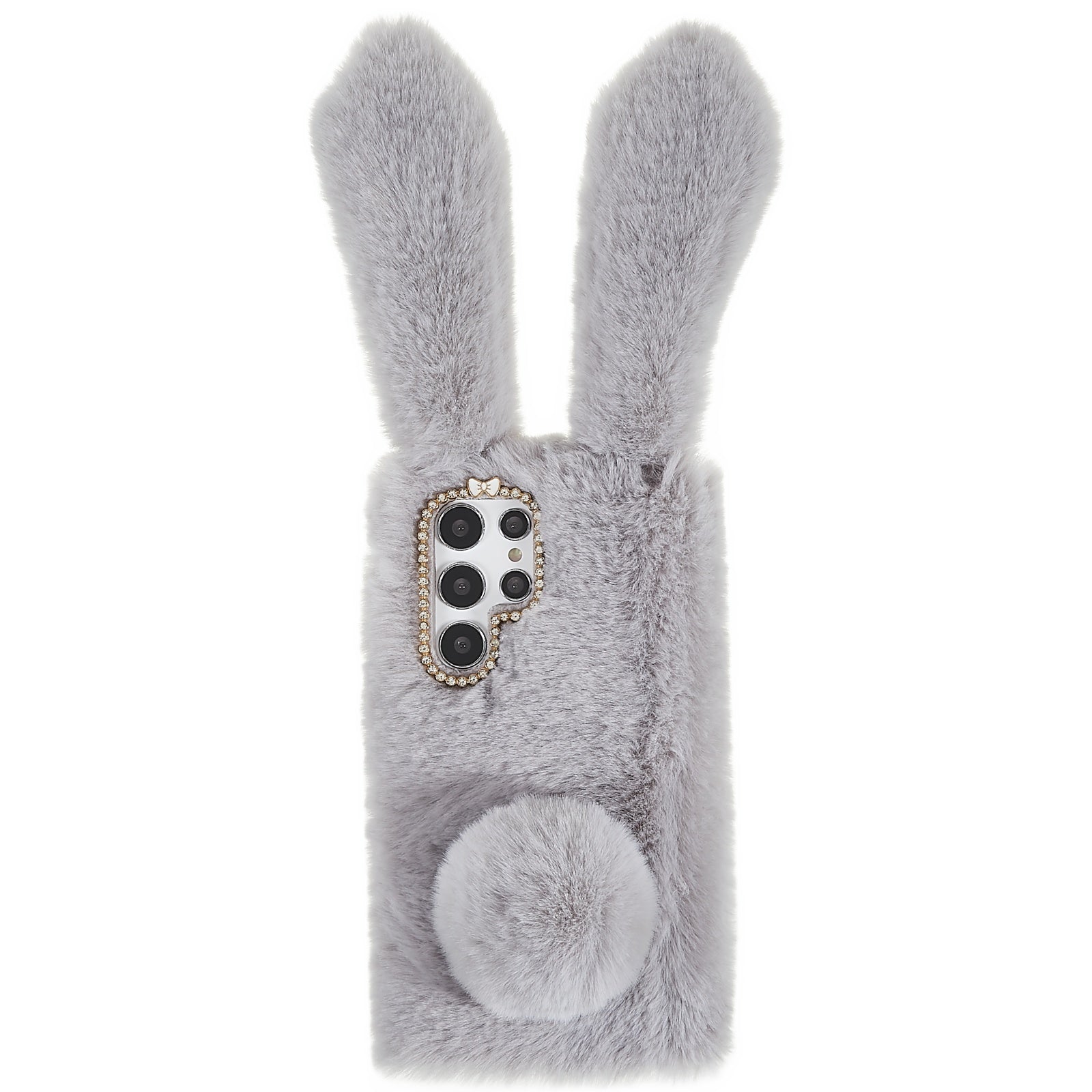 For Samsung Galaxy S22 Ultra 5G Cute 3D Bunny Ears Furry Winter Warm Case Soft TPU Protective Phone Cover with Glitter Rhinestone Bowknot