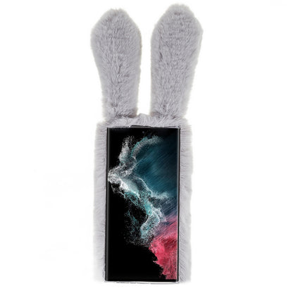 For Samsung Galaxy S22 Ultra 5G Cute 3D Bunny Ears Furry Winter Warm Case Soft TPU Protective Phone Cover with Glitter Rhinestone Bowknot