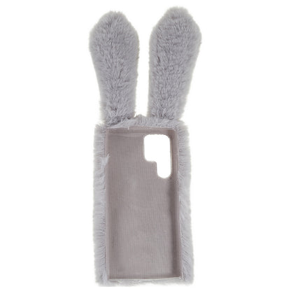 For Samsung Galaxy S22 Ultra 5G Cute 3D Bunny Ears Furry Winter Warm Case Soft TPU Protective Phone Cover with Glitter Rhinestone Bowknot