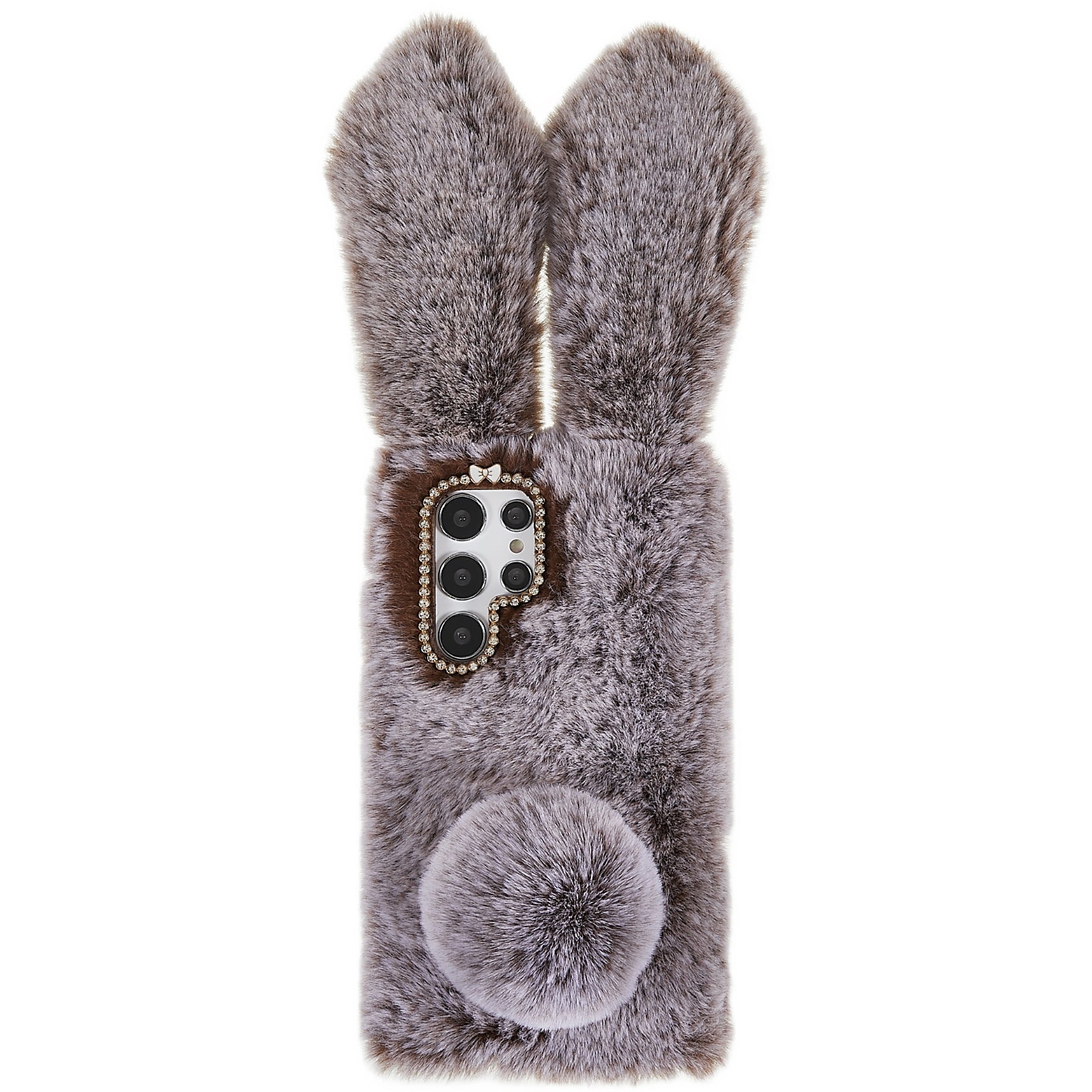 For Samsung Galaxy S22 Ultra 5G Cute 3D Bunny Ears Furry Winter Warm Case Soft TPU Protective Phone Cover with Glitter Rhinestone Bowknot