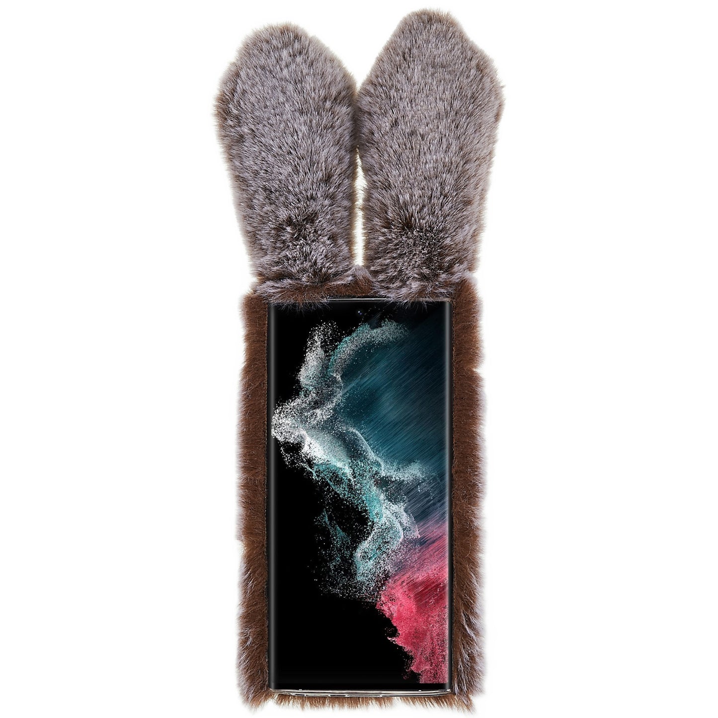 For Samsung Galaxy S22 Ultra 5G Cute 3D Bunny Ears Furry Winter Warm Case Soft TPU Protective Phone Cover with Glitter Rhinestone Bowknot