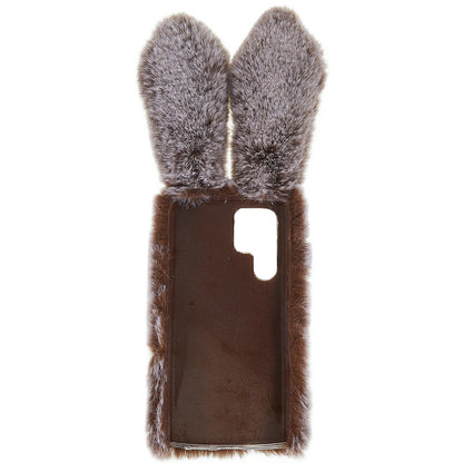 For Samsung Galaxy S22 Ultra 5G Cute 3D Bunny Ears Furry Winter Warm Case Soft TPU Protective Phone Cover with Glitter Rhinestone Bowknot