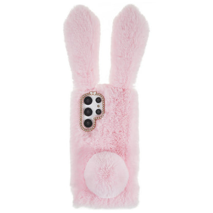 For Samsung Galaxy S22 Ultra 5G Cute 3D Bunny Ears Furry Winter Warm Case Soft TPU Protective Phone Cover with Glitter Rhinestone Bowknot