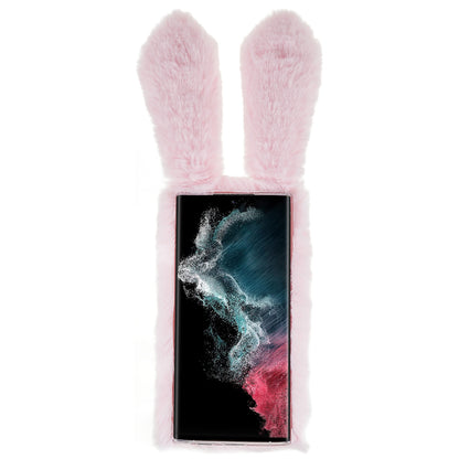 For Samsung Galaxy S22 Ultra 5G Cute 3D Bunny Ears Furry Winter Warm Case Soft TPU Protective Phone Cover with Glitter Rhinestone Bowknot