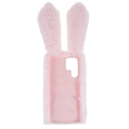 For Samsung Galaxy S22 Ultra 5G Cute 3D Bunny Ears Furry Winter Warm Case Soft TPU Protective Phone Cover with Glitter Rhinestone Bowknot