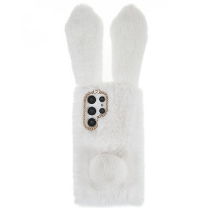 For Samsung Galaxy S22 Ultra 5G Cute 3D Bunny Ears Furry Winter Warm Case Soft TPU Protective Phone Cover with Glitter Rhinestone Bowknot