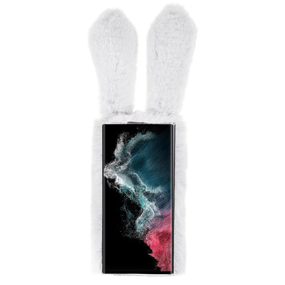 For Samsung Galaxy S22 Ultra 5G Cute 3D Bunny Ears Furry Winter Warm Case Soft TPU Protective Phone Cover with Glitter Rhinestone Bowknot