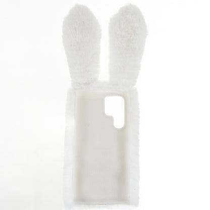 For Samsung Galaxy S22 Ultra 5G Cute 3D Bunny Ears Furry Winter Warm Case Soft TPU Protective Phone Cover with Glitter Rhinestone Bowknot