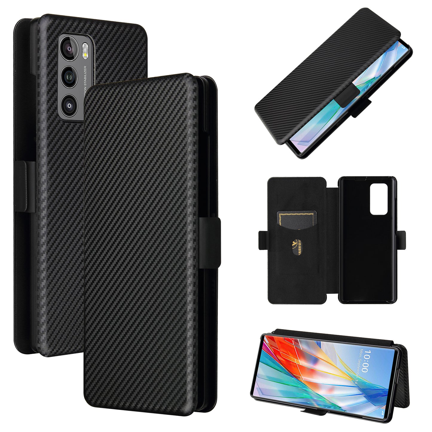 Carbon Fiber Skin Magnetic Phone Case with Buckle + Card Holder + Ring Strap for LG Wing 5G