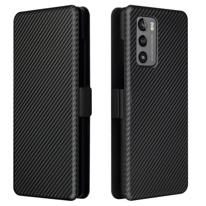 Carbon Fiber Skin Magnetic Phone Case with Buckle + Card Holder + Ring Strap for LG Wing 5G