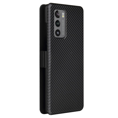 Carbon Fiber Skin Magnetic Phone Case with Buckle + Card Holder + Ring Strap for LG Wing 5G