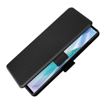 Carbon Fiber Skin Magnetic Phone Case with Buckle + Card Holder + Ring Strap for LG Wing 5G