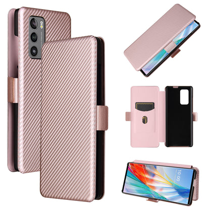 Carbon Fiber Skin Magnetic Phone Case with Buckle + Card Holder + Ring Strap for LG Wing 5G