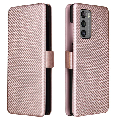 Carbon Fiber Skin Magnetic Phone Case with Buckle + Card Holder + Ring Strap for LG Wing 5G