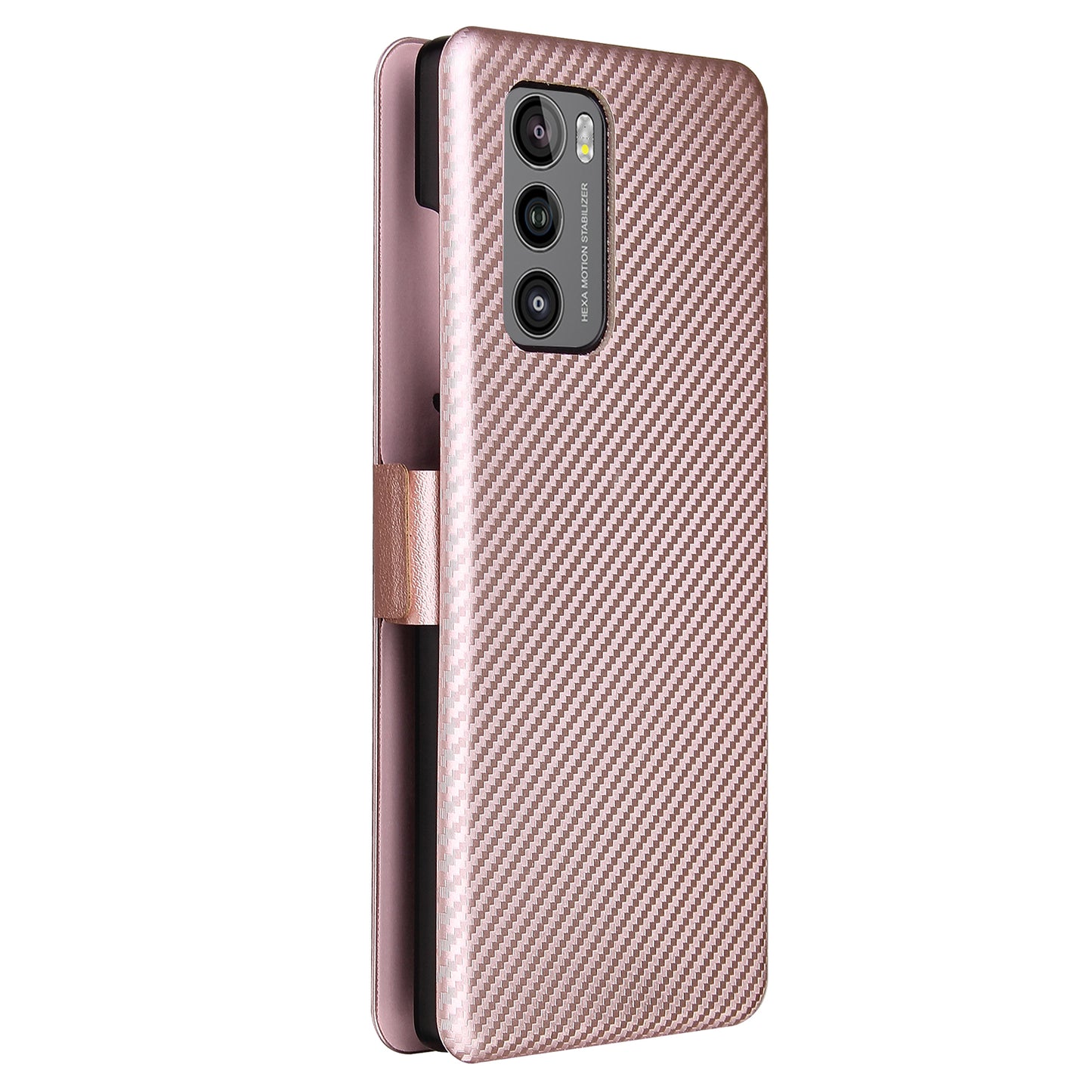 Carbon Fiber Skin Magnetic Phone Case with Buckle + Card Holder + Ring Strap for LG Wing 5G