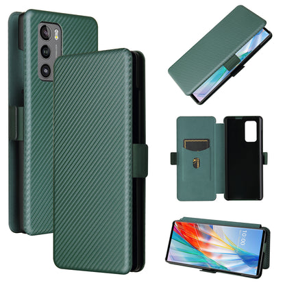 Carbon Fiber Skin Magnetic Phone Case with Buckle + Card Holder + Ring Strap for LG Wing 5G