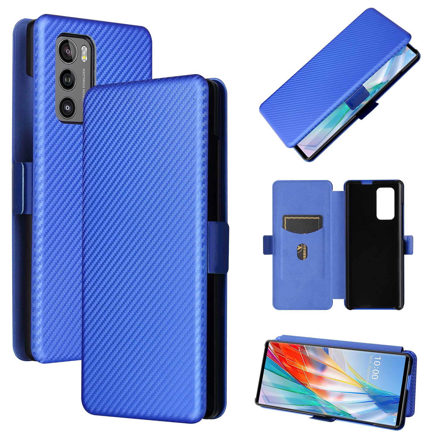 Carbon Fiber Skin Magnetic Phone Case with Buckle + Card Holder + Ring Strap for LG Wing 5G