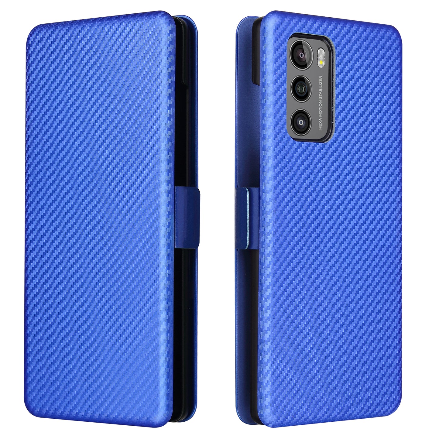 Carbon Fiber Skin Magnetic Phone Case with Buckle + Card Holder + Ring Strap for LG Wing 5G