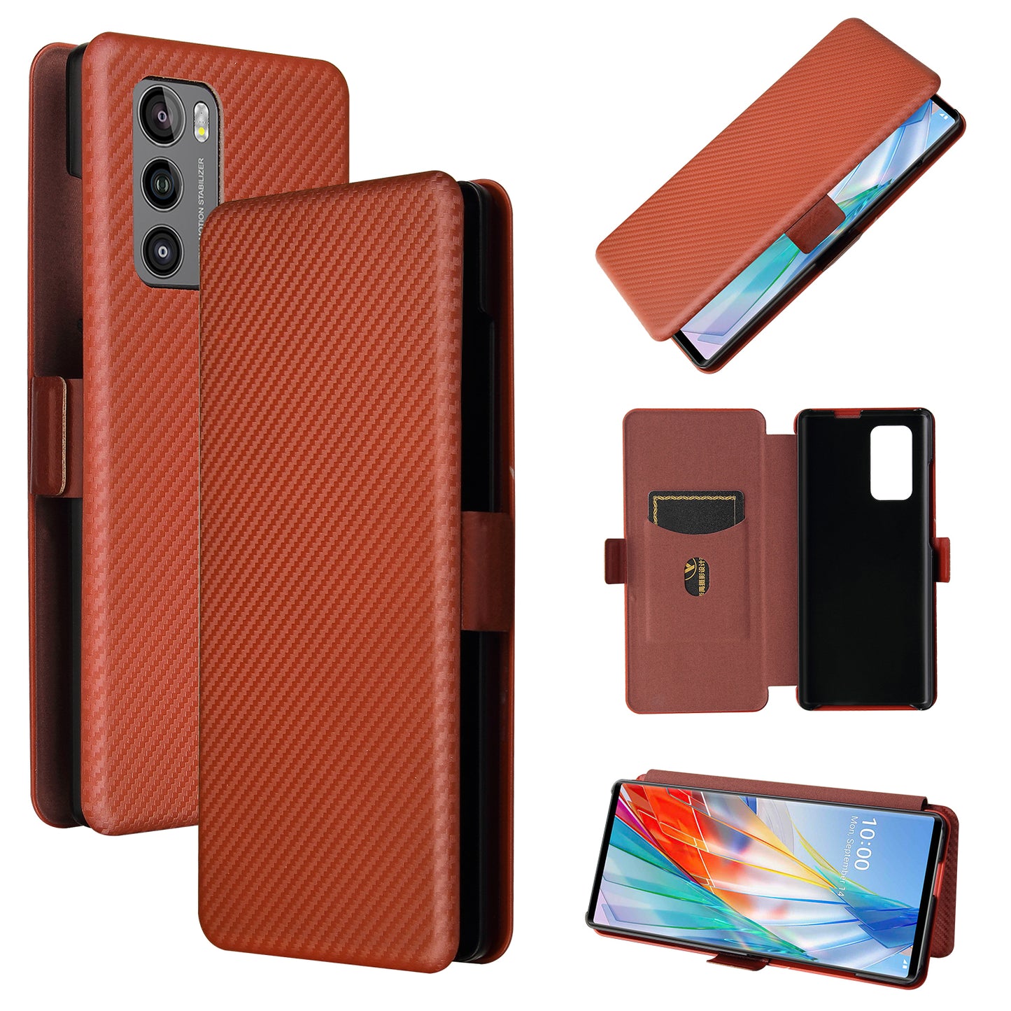 Carbon Fiber Skin Magnetic Phone Case with Buckle + Card Holder + Ring Strap for LG Wing 5G