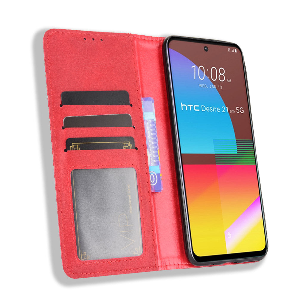 Magnetic Vintage Style Wallet Stand Phone Case Cover for HTC Desire 21 Pro 5G