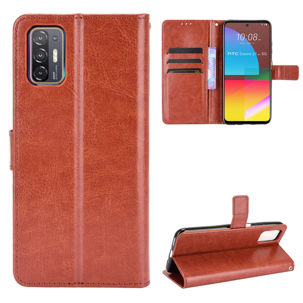 Wallet Stand Design Crazy Horse Texture Leather Phone Cover Shell for HTC Desire 21 Pro 5G