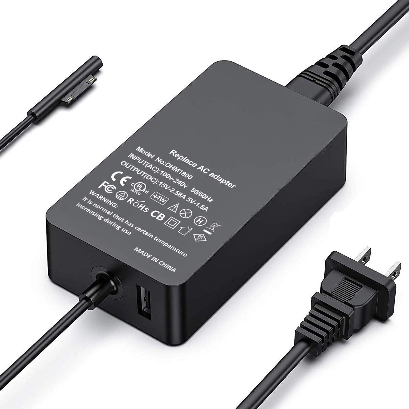 44W 15V 2.58A Power Adapter Charger with USB Charging Port for Microsoft Surface Pro 6/5/4/3 etc.