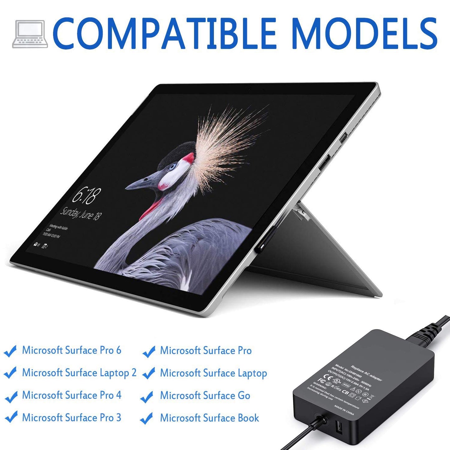 44W 15V 2.58A Power Adapter Charger with USB Charging Port for Microsoft Surface Pro 6/5/4/3 etc.