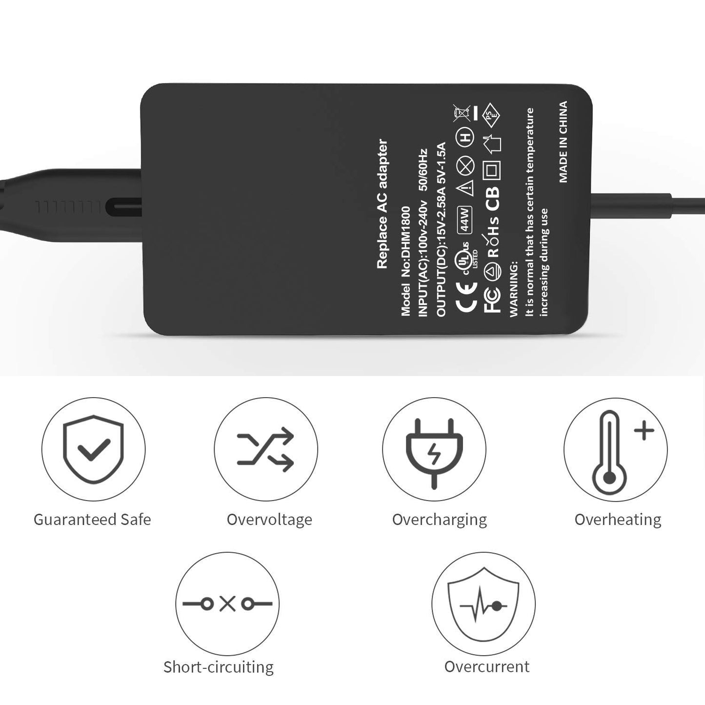 44W 15V 2.58A Power Adapter Charger with USB Charging Port for Microsoft Surface Pro 6/5/4/3 etc.