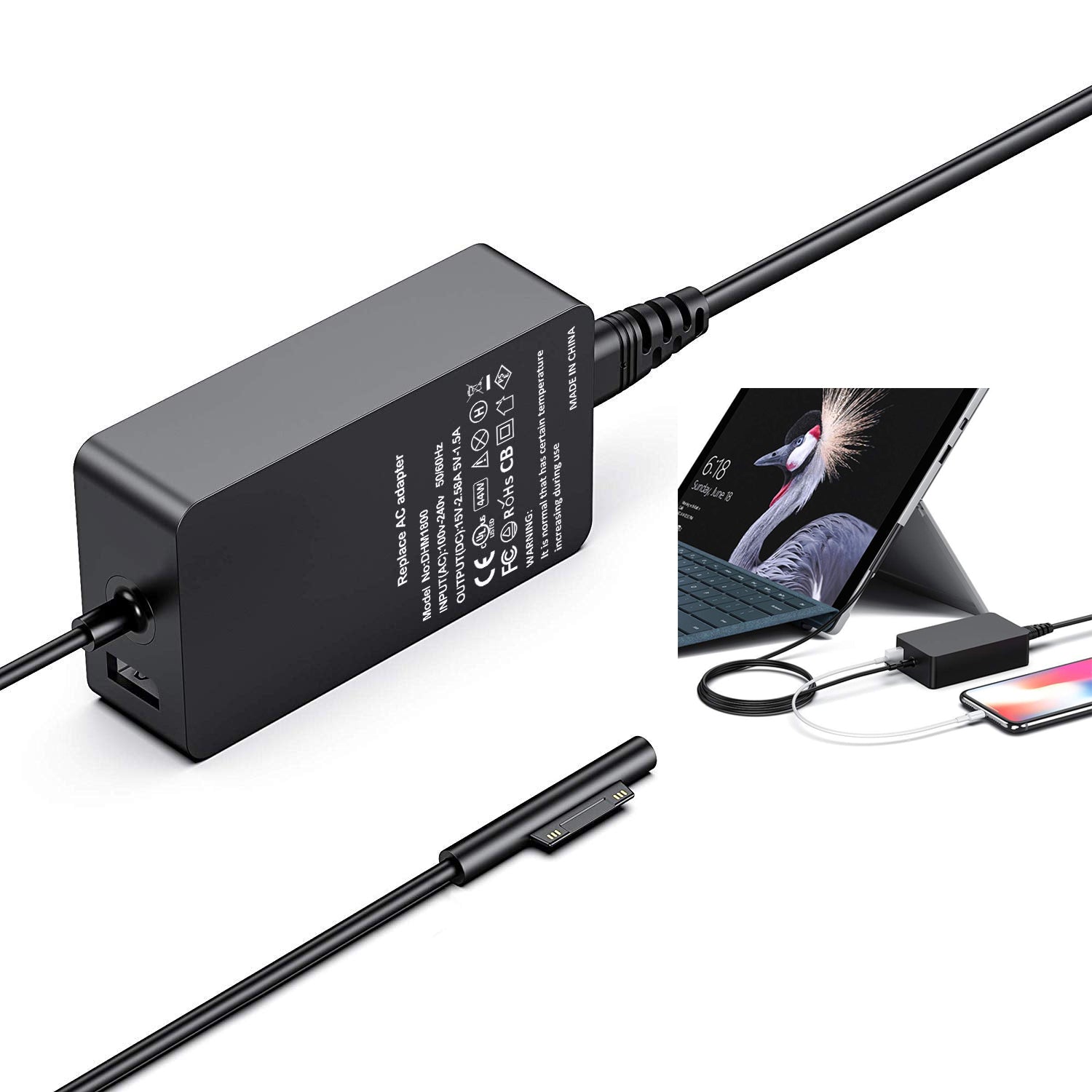 44W 15V 2.58A Power Adapter Charger with USB Charging Port for Microsoft Surface Pro 6/5/4/3 etc.