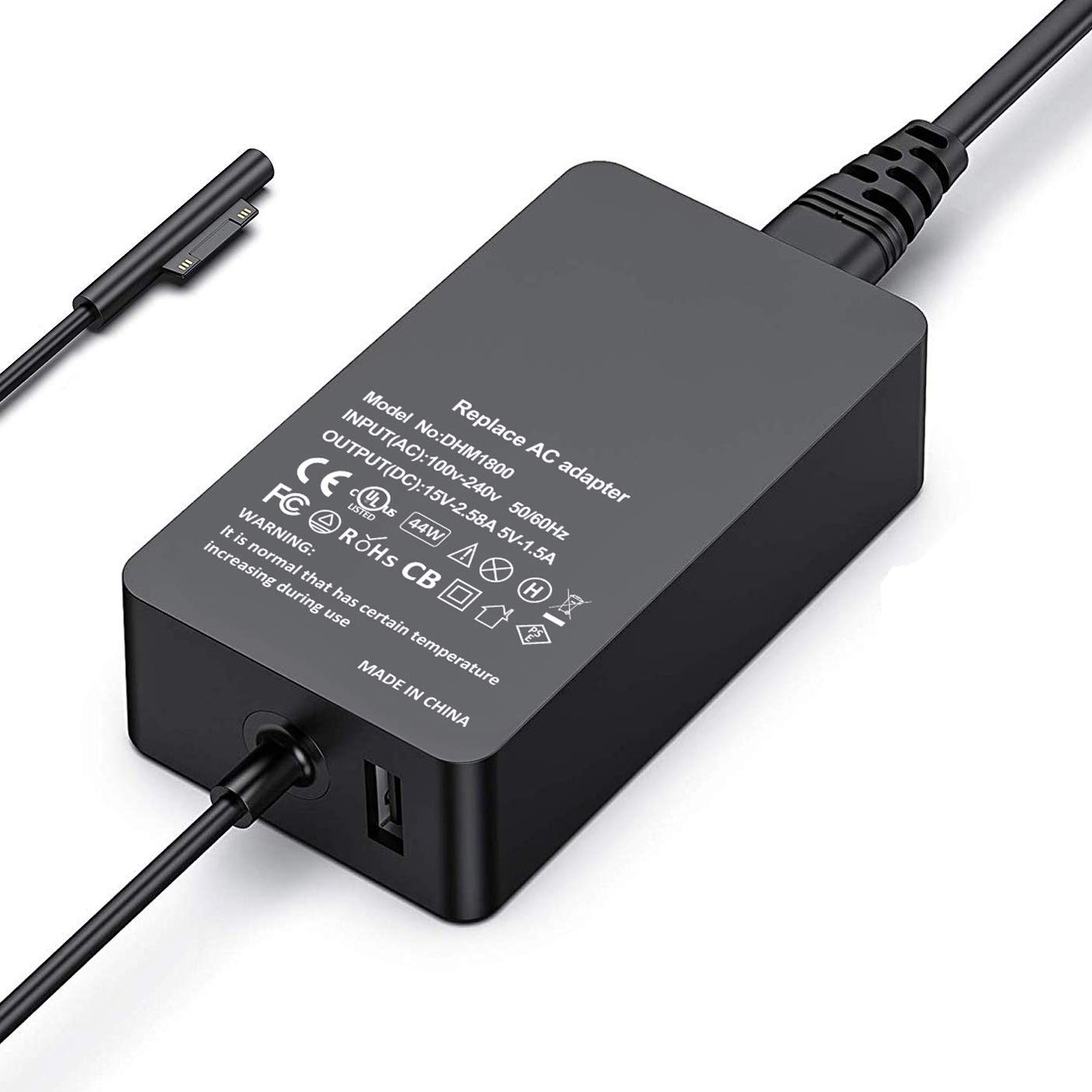 44W 15V 2.58A Power Adapter Charger with USB Charging Port for Microsoft Surface Pro 6/5/4/3 etc.