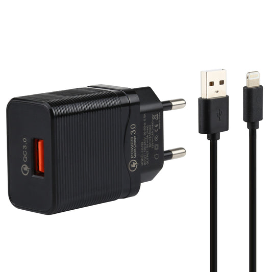 LZ-728 2 in 1 QC 3.0 18W [EU Plug] Travel Charger + USB to Lightning 8 Pin Data Cable, 1m