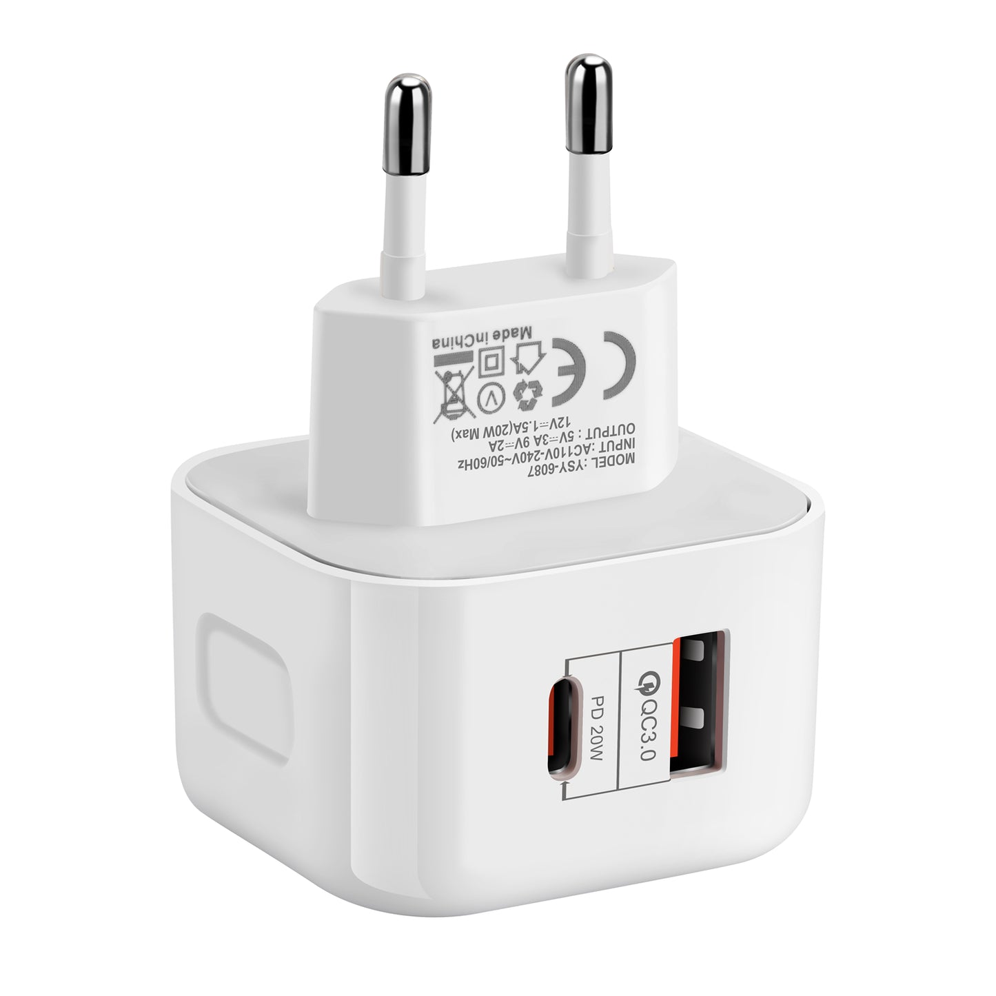 YSY-6087 PD 20W+QC 3.0 Dual Port Wall Charger Travel Power Adapter