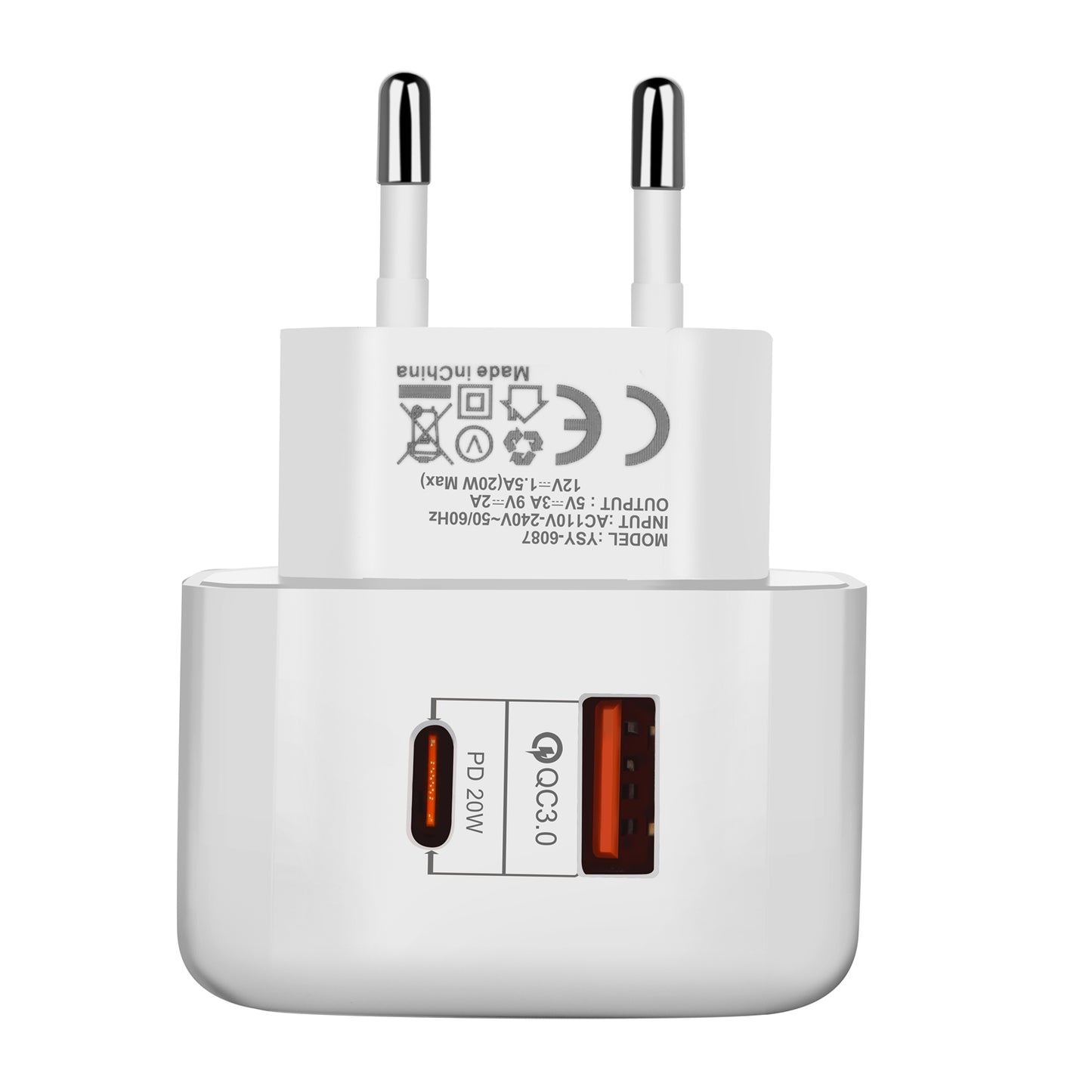 YSY-6087 PD 20W+QC 3.0 Dual Port Wall Charger Travel Power Adapter