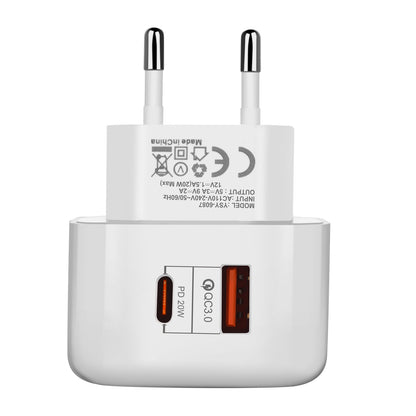 YSY-6087 PD 20W+QC 3.0 Dual Port Wall Charger Travel Power Adapter