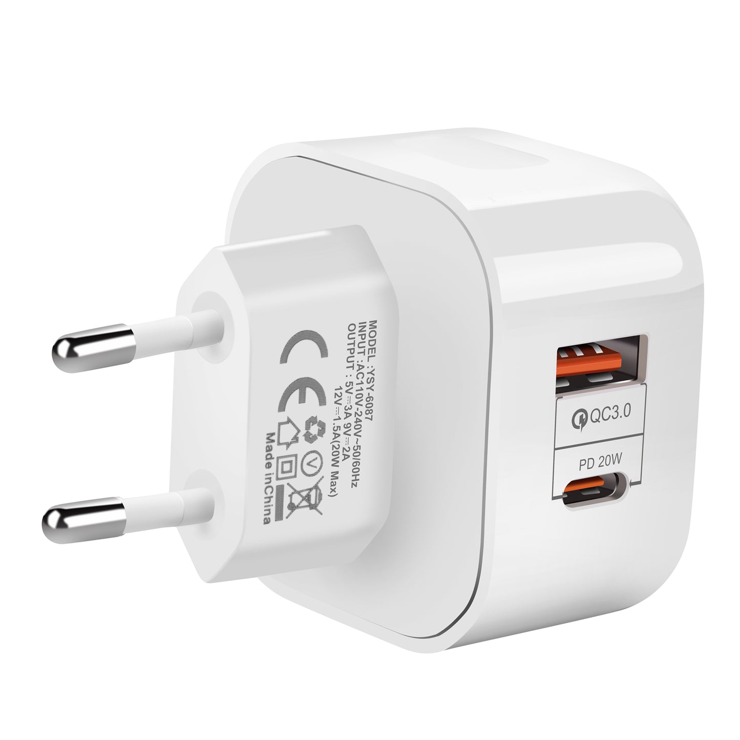 YSY-6087 PD 20W+QC 3.0 Dual Port Wall Charger Travel Power Adapter