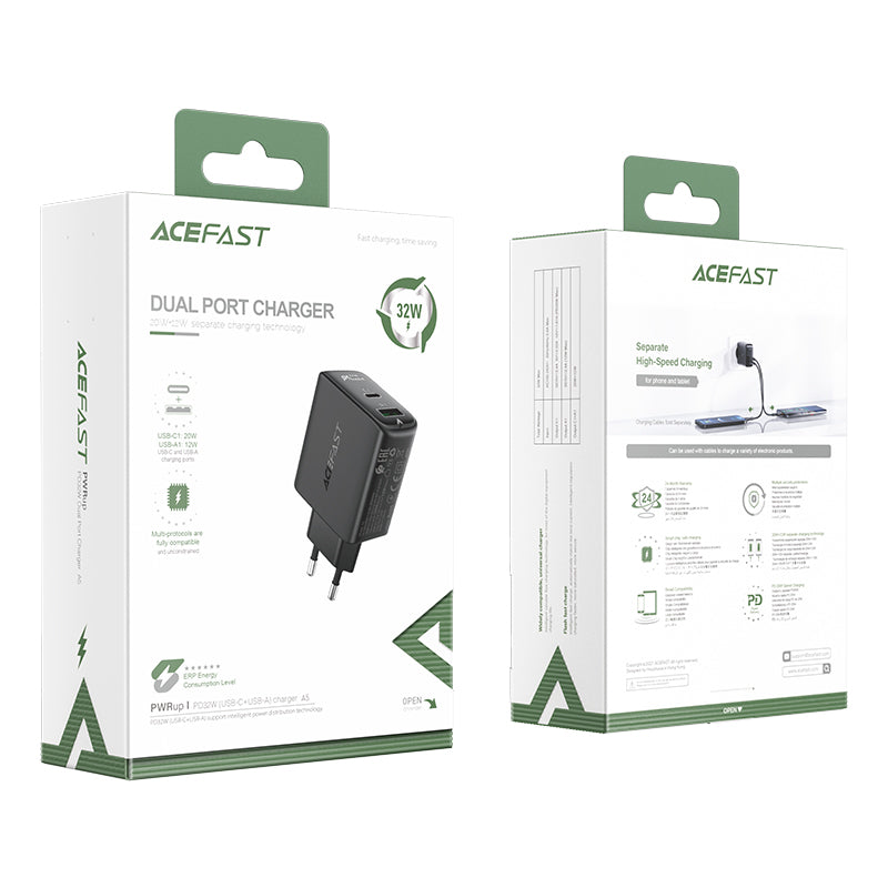 ACEFAST A5 PD32W USB C+A Dual Port Power Adapter Wall Charger EU Plug