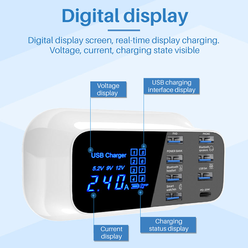 WIN HOW SOLUTION YC-CDA19 Type C PD 20W Fast Charging Hub Station 8-Port USB Charger for iPhone 12 11 X XR XS Max [CE Certificated]