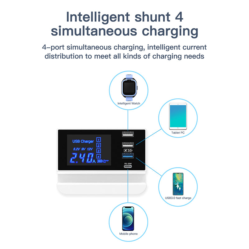 WIN HOW SOLUTION YC-CDA26D Quick Charge 3.0 USB +PD 20W Type-C Fast Charging Station 4-Port Charger [CE Certificated]