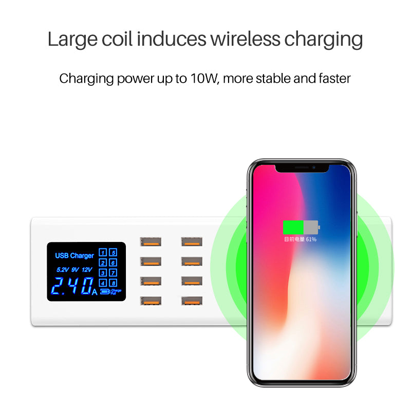 WIN HOW SOLUTION YC-CDA23 QI Wireless Charger 8 Ports USB Charger Hub LED Display 40W Mobile Phones Tablets Charging Station (CE Certificated)