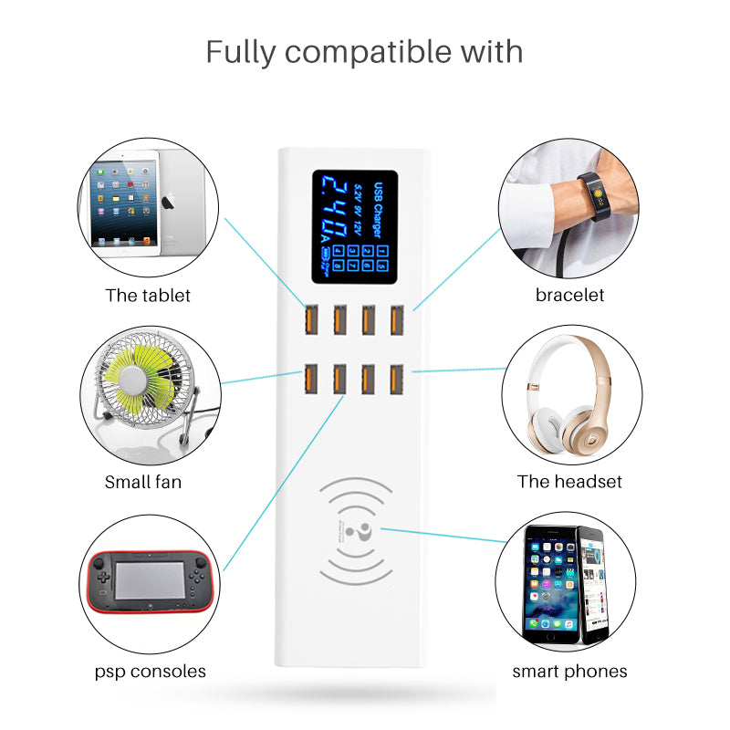 WIN HOW SOLUTION YC-CDA23 QI Wireless Charger 8 Ports USB Charger Hub LED Display 40W Mobile Phones Tablets Charging Station (CE Certificated)