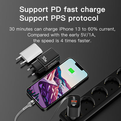 ESSAGER Type-C PD + USB-A QC3.0 30W Dual Ports Fast Charging Wall Charger Phone Charging Adapter