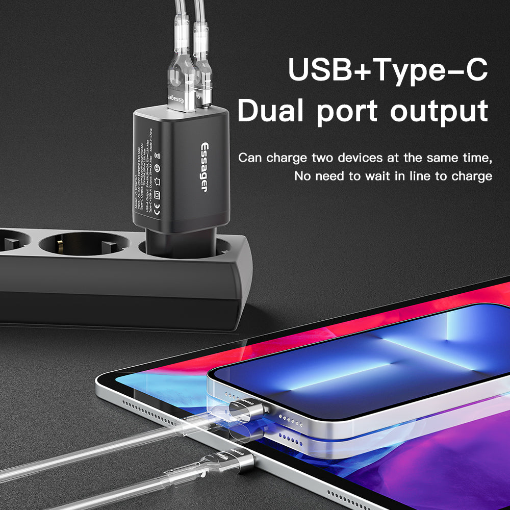 ESSAGER Type-C PD + USB-A QC3.0 30W Dual Ports Fast Charging Wall Charger Phone Charging Adapter