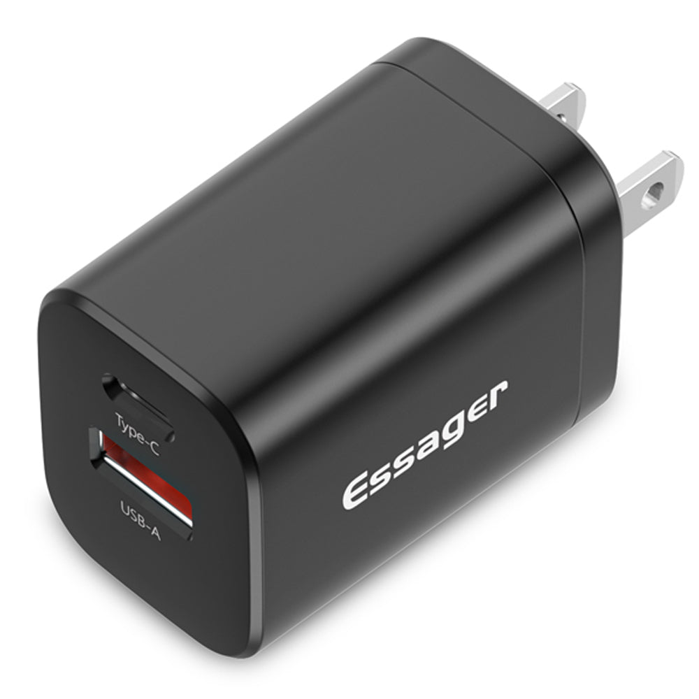 ESSAGER Type-C PD + USB-A QC3.0 30W Dual Ports Fast Charging Wall Charger Phone Charging Adapter