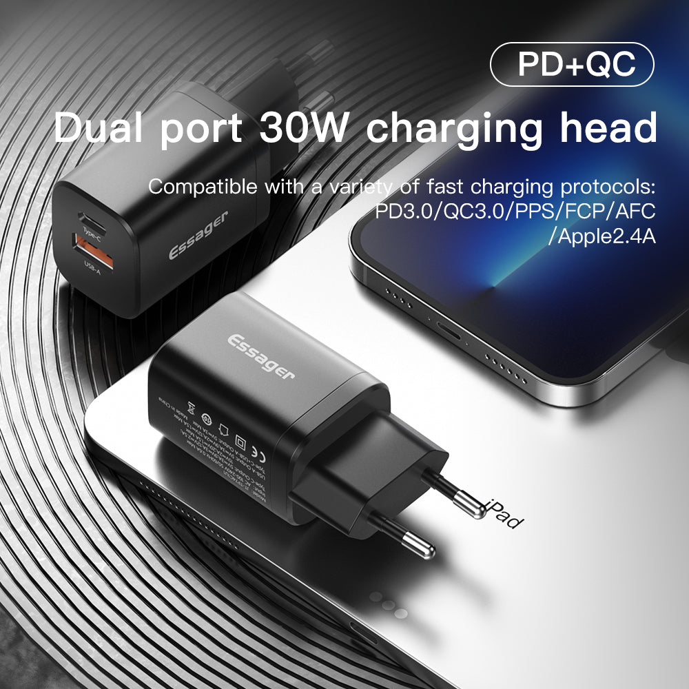 ESSAGER Type-C PD + USB-A QC3.0 30W Dual Ports Fast Charging Wall Charger Phone Charging Adapter