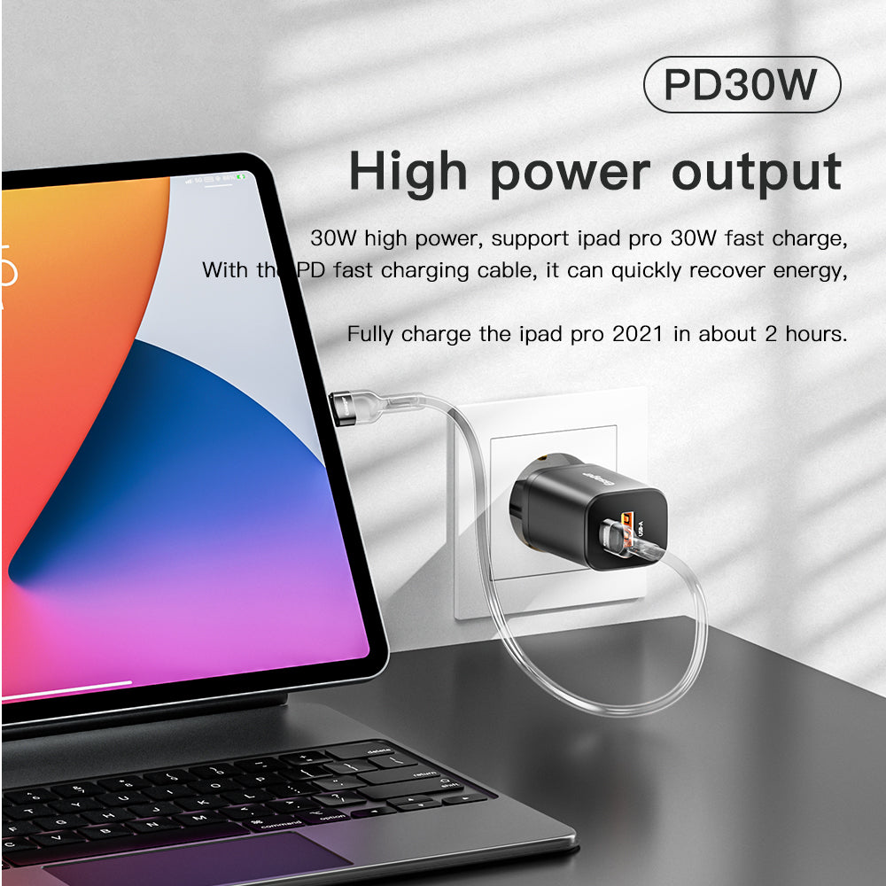 ESSAGER Type-C PD + USB-A QC3.0 30W Dual Ports Fast Charging Wall Charger Phone Charging Adapter