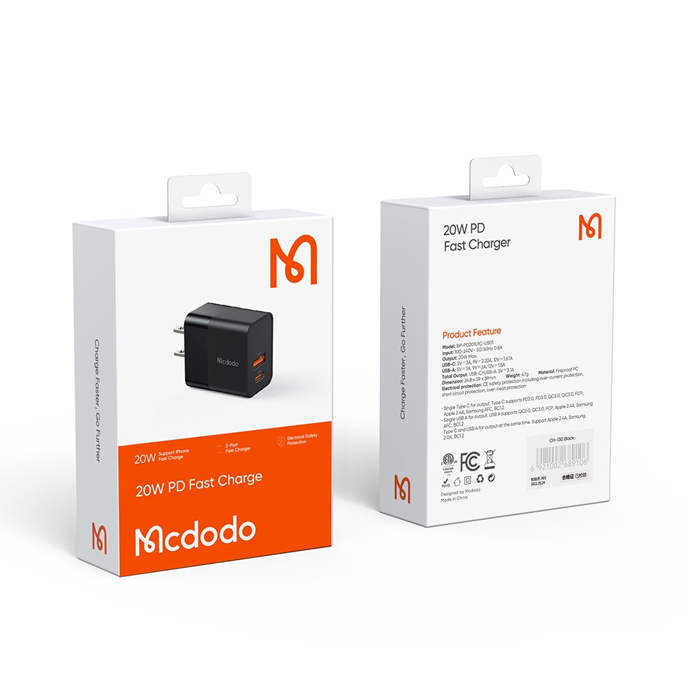 MCDODO CH-130 PD 20W Fast Charging Adapter USB+Type-C Dual Port Wall Charger