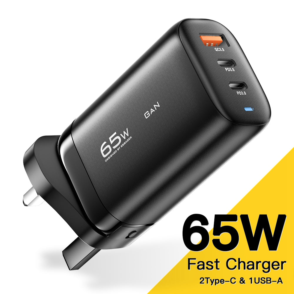 ESSAGER 65W GaN Travel Charging Dock 2 Type-C+1 USB UK Plug Wall Charger [with CE Certificate]